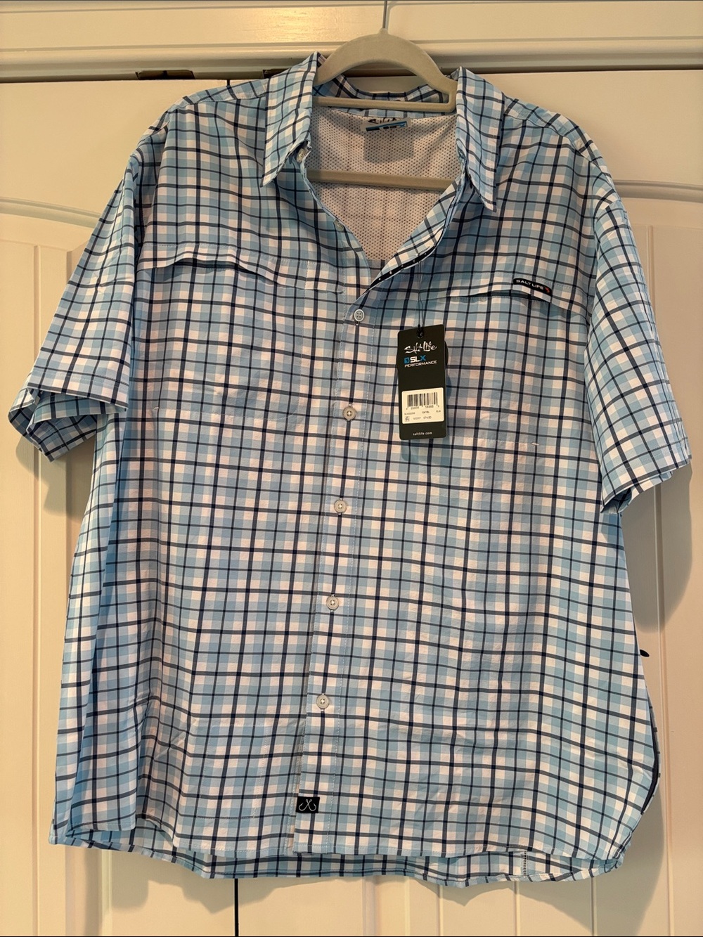NWT Salt Life Light Blue & White Plaid Short-Sleeve XL Fishing Shirt